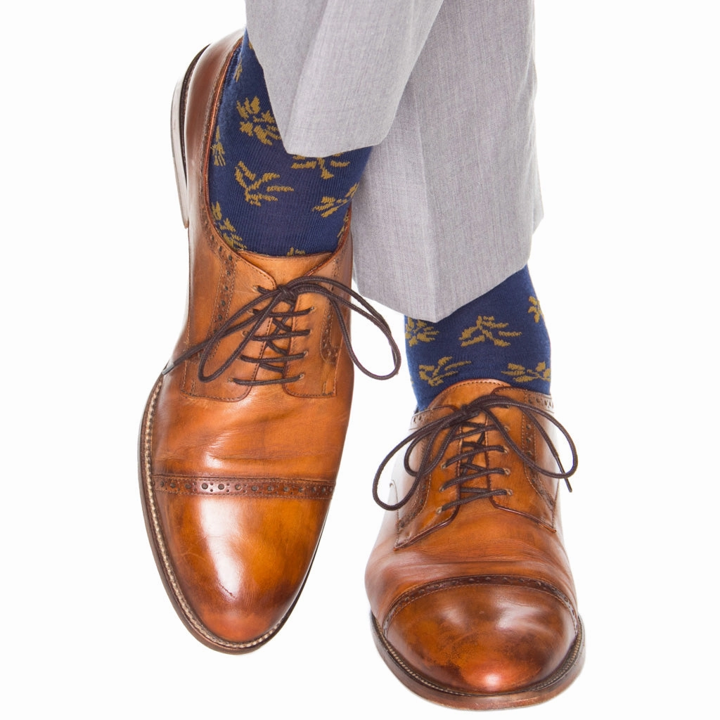 Dressed Navy with Gold Tossed Leaves Fine Merino Wool Sock Linked Toe Mid-Calf