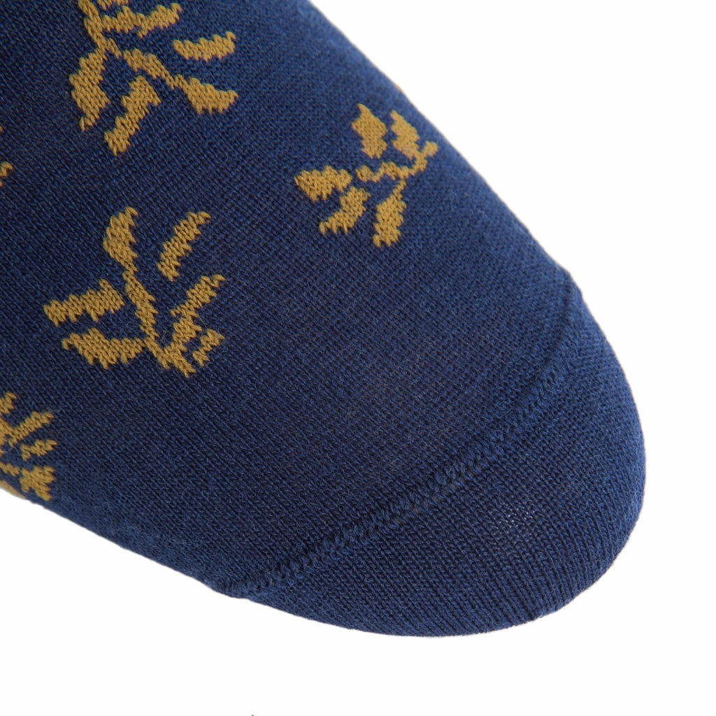 Dressed Navy with Gold Tossed Leaves Fine Merino Wool Sock Linked Toe Mid-Calf