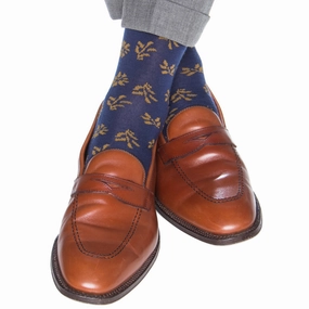 Dressed Navy with Gold Tossed Leaves Fine Merino Wool Sock Linked Toe Mid-Calf