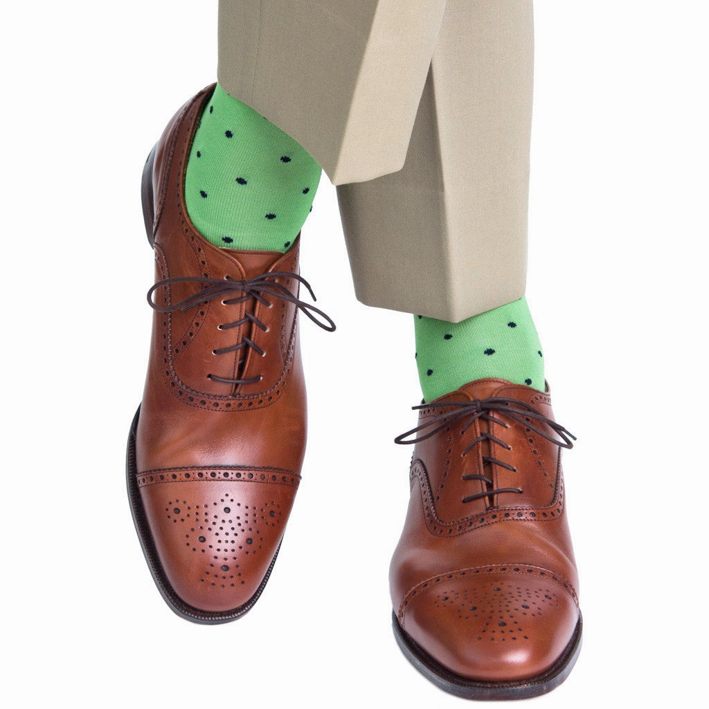 Grass Green with Navy Dot Cotton Sock Linked Toe Mid-Calf