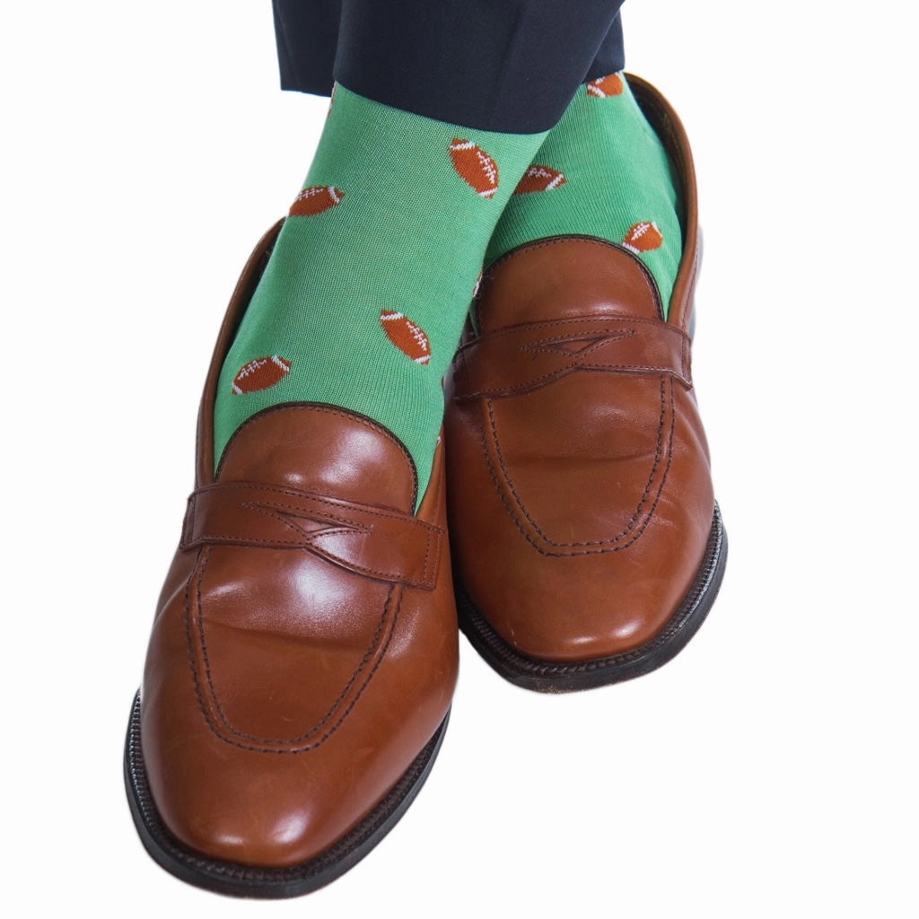 Green with Brown Football Cotton Sock Linked Toe OTC