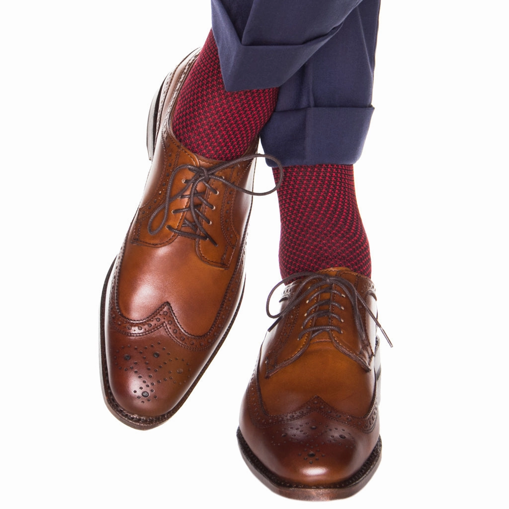 Navy and Red Birdseye Cotton Sock Linked Toe Mid-Calf