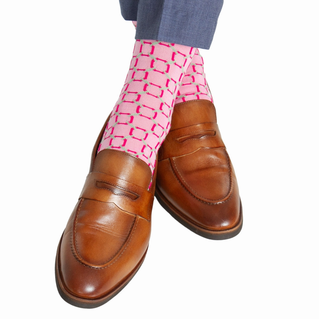 Pink with Rose and Grass Green Circles Cotton Sock Linked Toe OTC