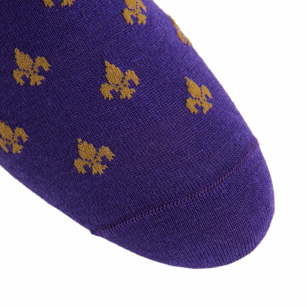 Purple and Gold Fleur de Lis Fine Merino Wool Sock Linked Toe Mid-Calf