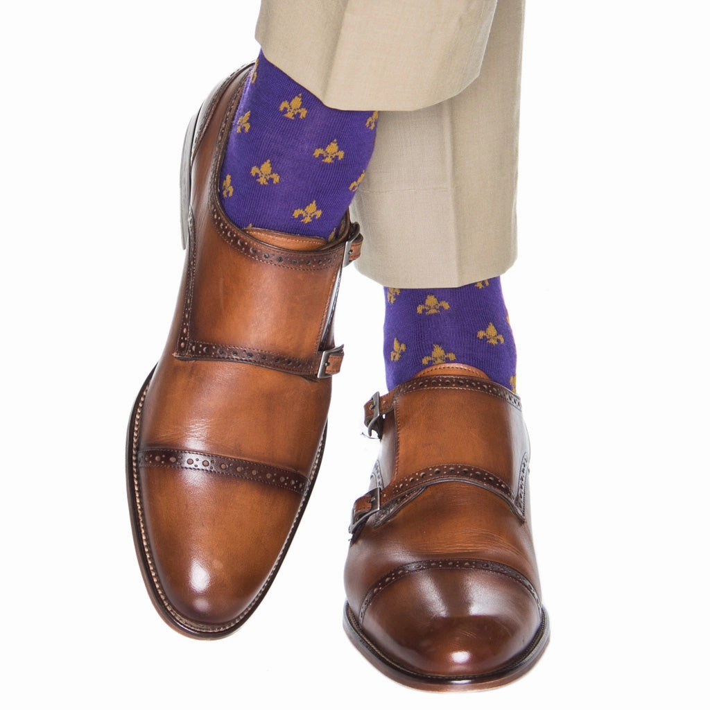 Purple and Gold Fleur de Lis Fine Merino Wool Sock Linked Toe Mid-Calf