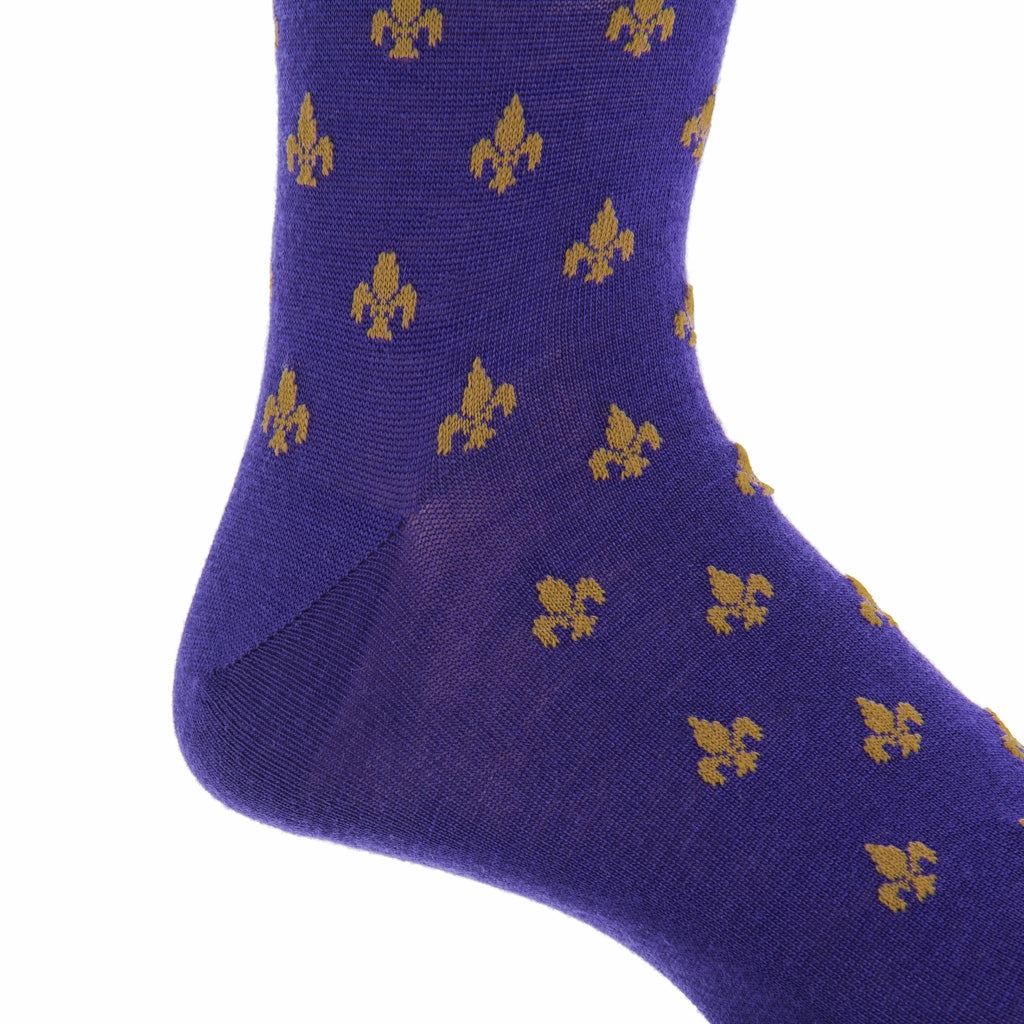 Purple and Gold Fleur de Lis Fine Merino Wool Sock Linked Toe Mid-Calf
