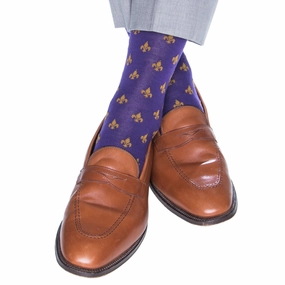 Purple and Gold Fleur de Lis Fine Merino Wool Sock Linked Toe Mid-Calf
