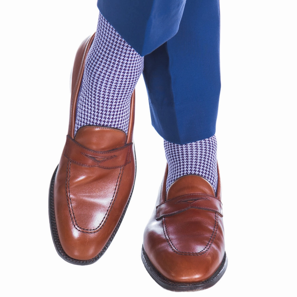 Royal Purple and Lavender Houndstooth Cotton Sock Linked Toe Mid-Calf