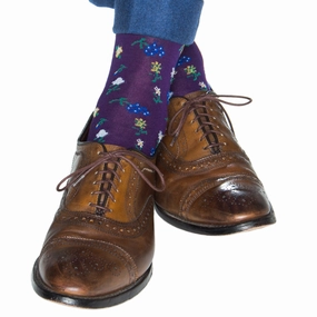 Royal Purple with Marine Green, Lavender, Pink, Yolk and Cream Mini Floral Cotton Sock Linked Toe Mid-Calf