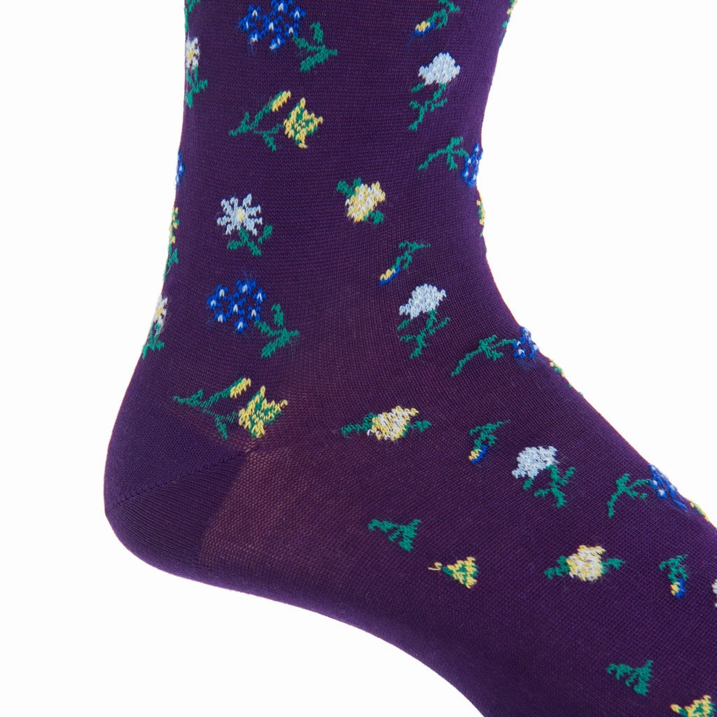 Royal Purple with Marine Green, Lavender, Pink, Yolk and Cream Mini Floral Cotton Sock Linked Toe Mid-Calf