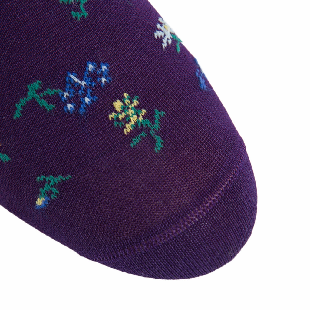 Royal Purple with Marine Green, Lavender, Pink, Yolk and Cream Mini Floral Cotton Sock Linked Toe Mid-Calf