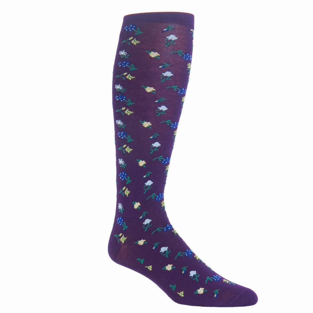 Royal Purple with Marine Green, Lavender, Pink, Yolk and Cream Mini Floral Cotton Sock Linked Toe OTC