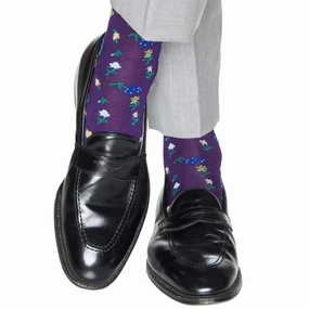 Royal Purple with Marine Green, Lavender, Pink, Yolk and Cream Mini Floral Cotton Sock Linked Toe OTC