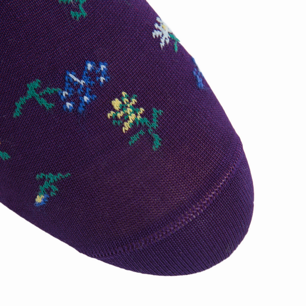 Royal Purple with Marine Green, Lavender, Pink, Yolk and Cream Mini Floral Cotton Sock Linked Toe OTC