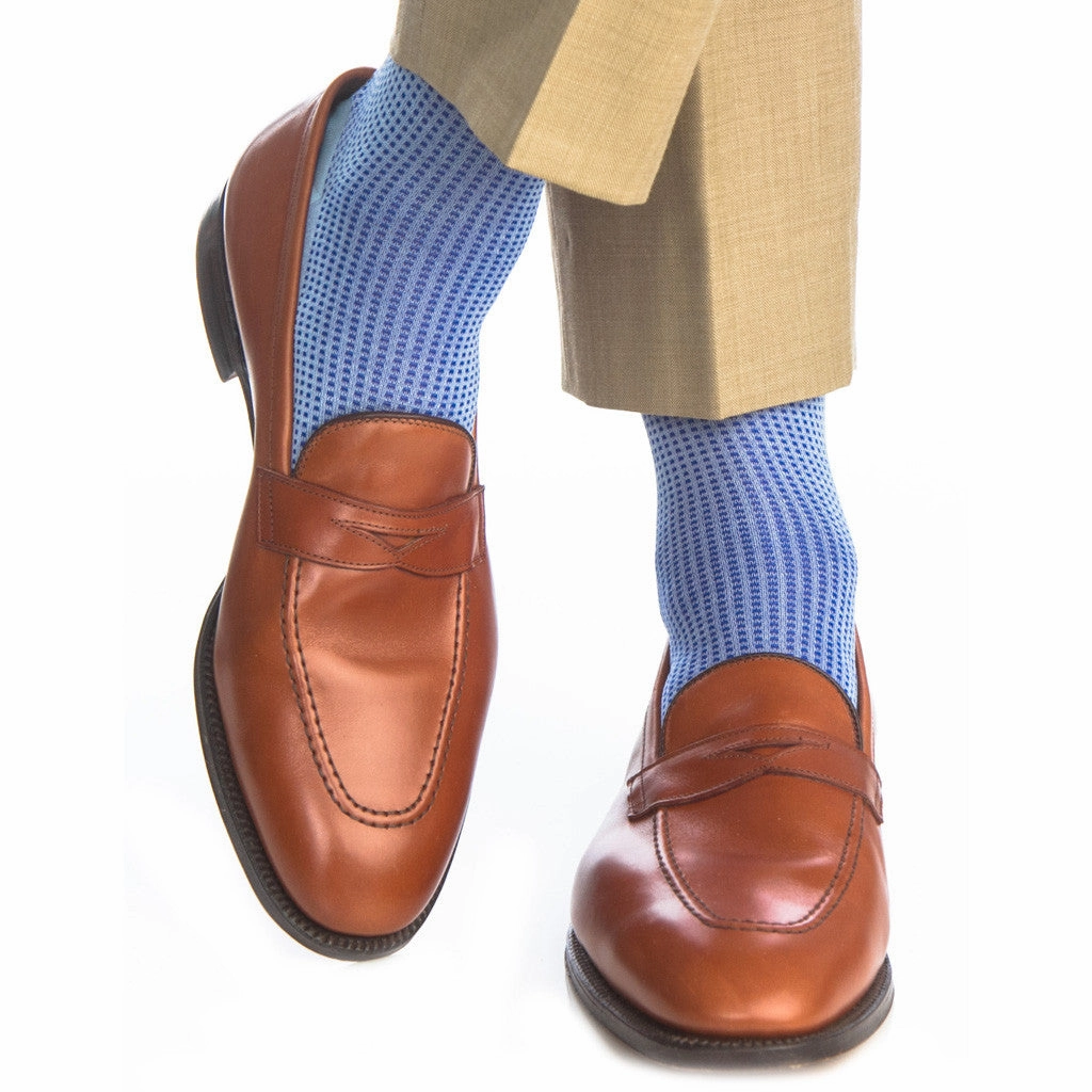 Sky Blue and Clematis Blue Grenadine Cotton Sock Linked Toe Mid-Calf