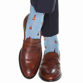 Sky Blue with Black and Burnt Orange and Red Bourbon Bottles Cotton Sock Linked Toe OTC