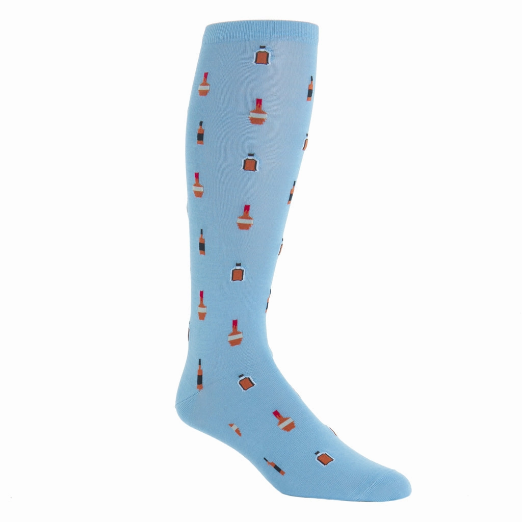 Sky Blue with Black and Burnt Orange and Red Bourbon Bottles Cotton Sock Linked Toe OTC