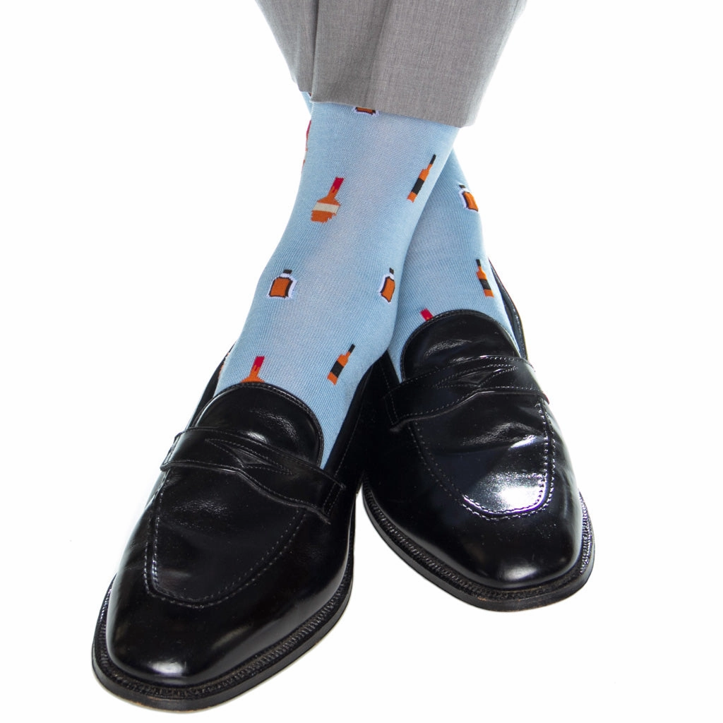 Sky Blue with Black and Burnt Orange and Red Bourbon Bottles Cotton Sock Linked Toe OTC