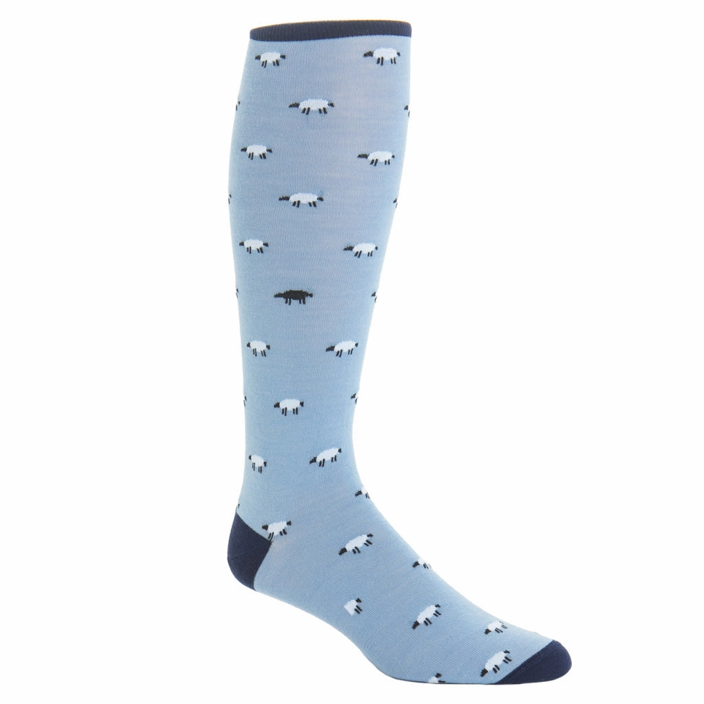 Sky Blue with Black and White Sheep with Dress Navy Tipping Fine Merino Wool Sock Linked Toe OTC