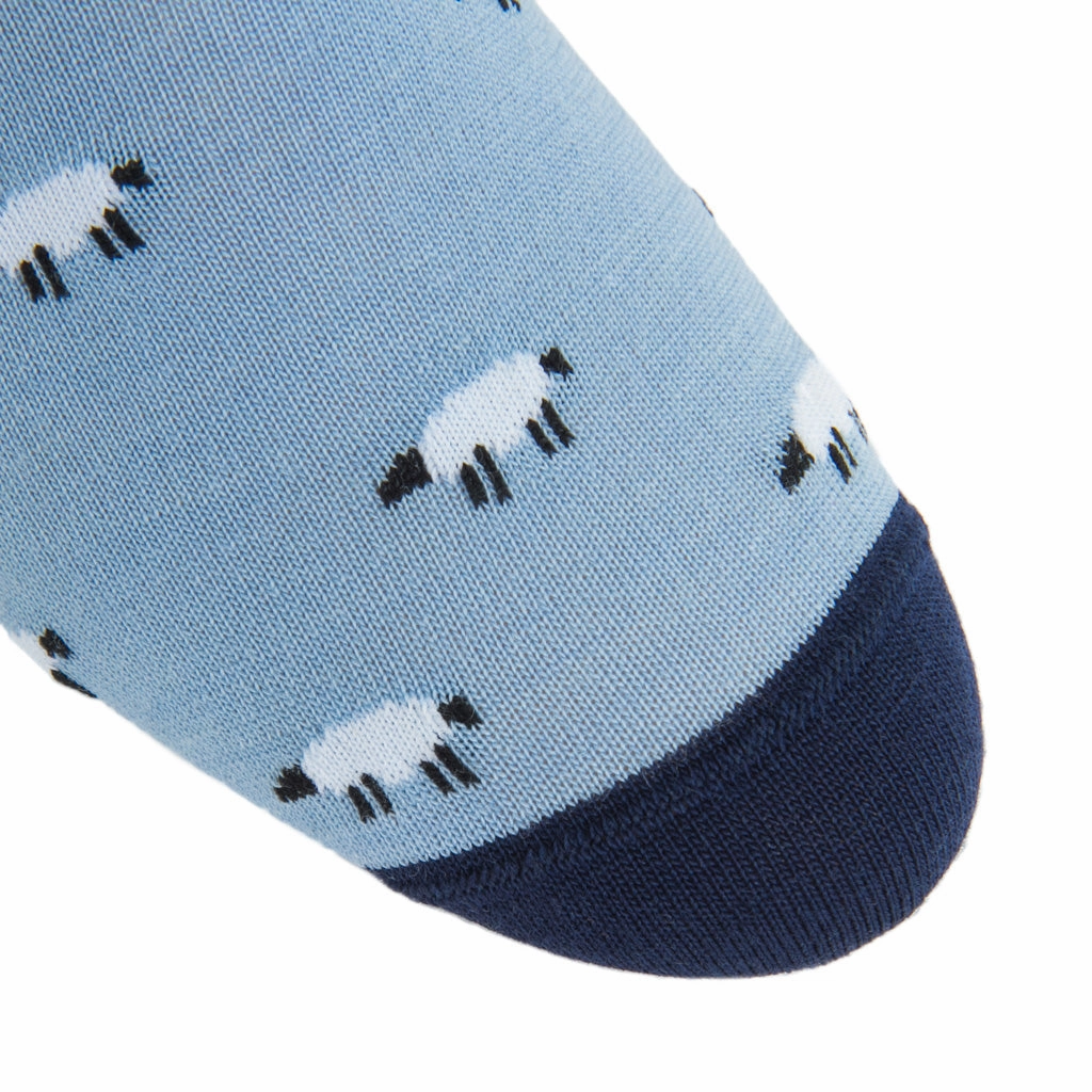 Sky Blue with Black and White Sheep with Dress Navy Tipping Fine Merino Wool Sock Linked Toe OTC