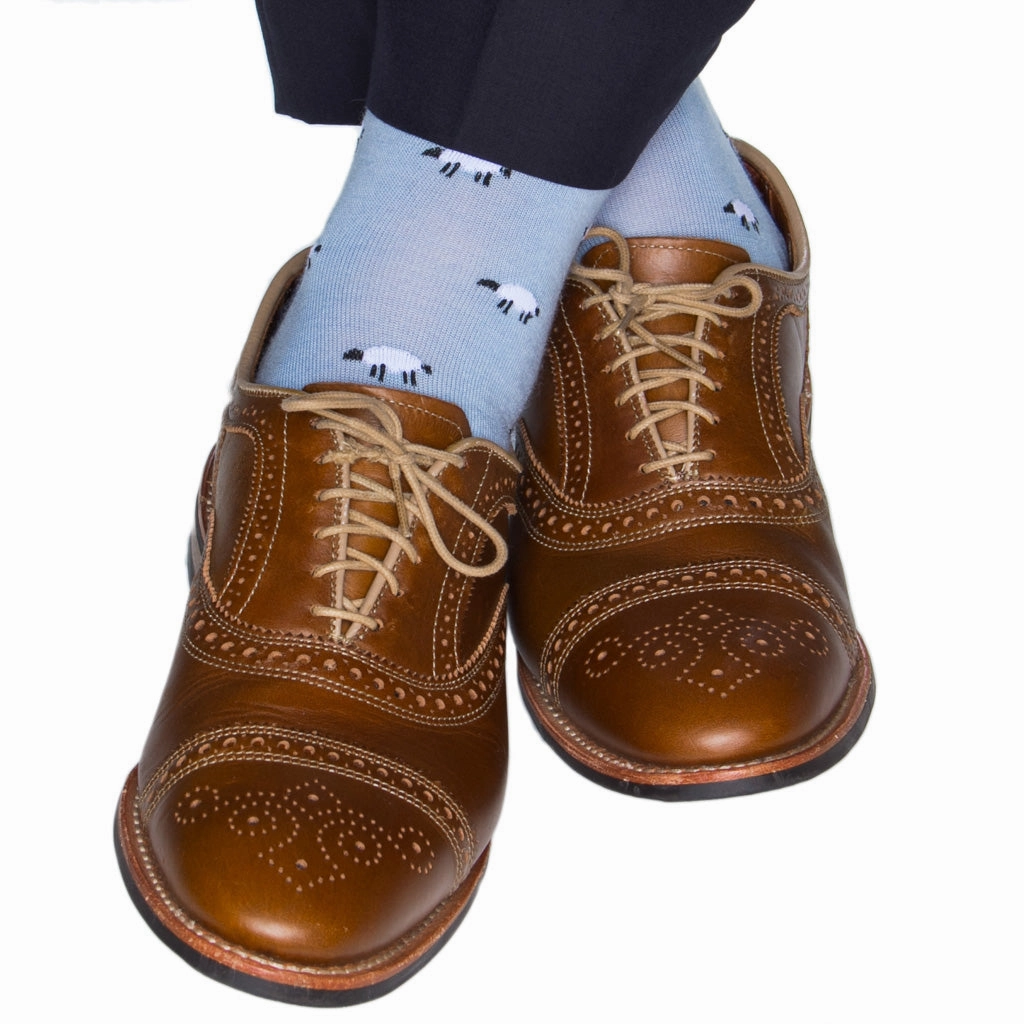 Sky Blue with Black and White Sheep with Dress Navy Tipping Fine Merino Wool Sock Linked Toe OTC