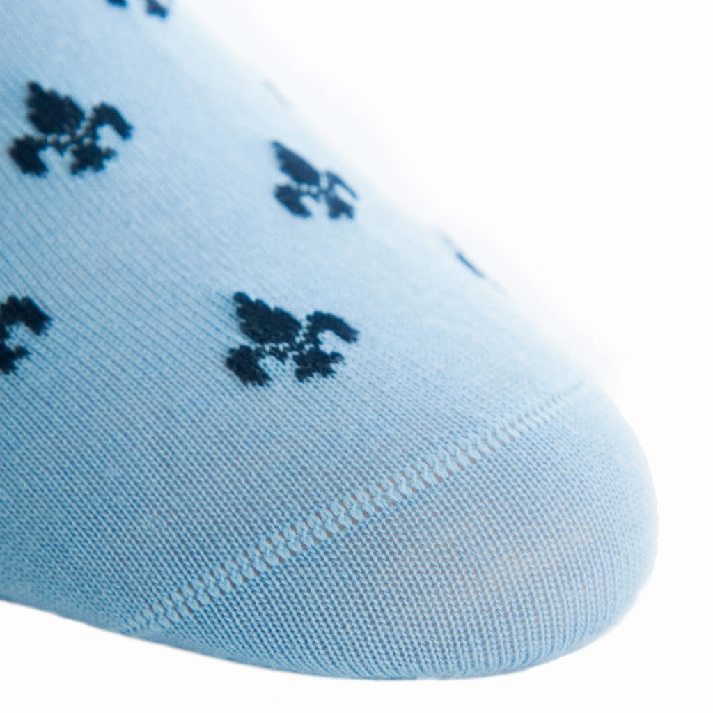 Sky Blue with Dress Navy Fleur De Lis Fine Merino Wool Sock Linked Toe OTC