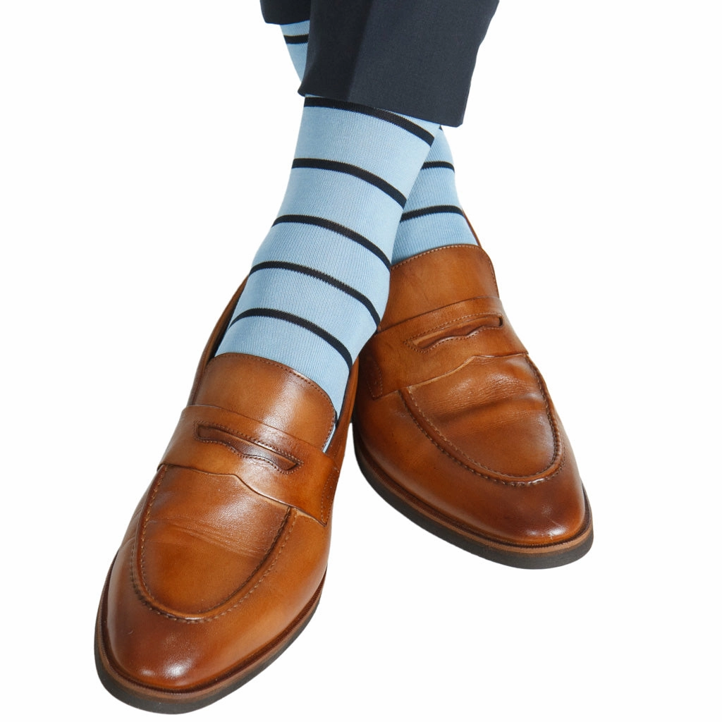 Sky Blue with Navy Stripe Cotton Sock Linked Toe Mid-Calf