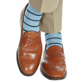 Sky Blue with Navy Stripe Cotton Sock Linked Toe Mid-Calf