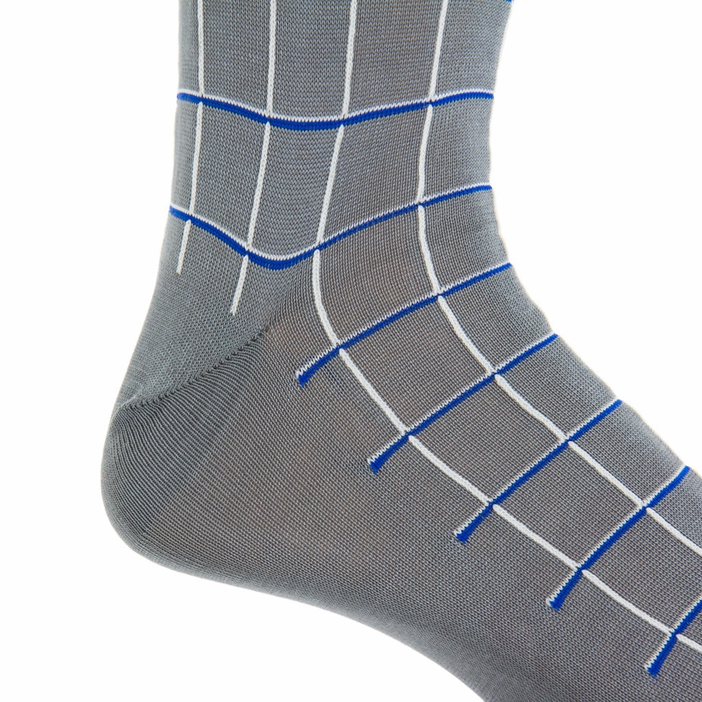 Steel Gray with Clematis Blue and Ash Window Pane Cotton Sock Linked Toe Mid-Calf