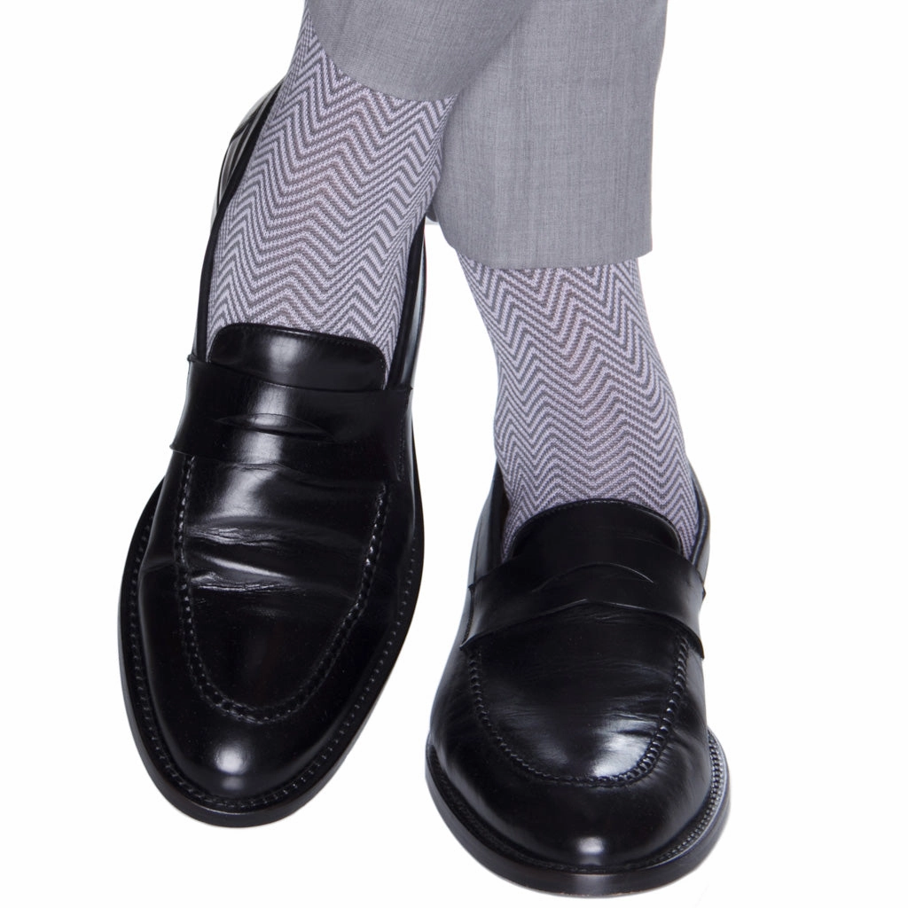 Steel Gray with Lavender Chevron Cotton Sock Linked Toe Mid-Calf