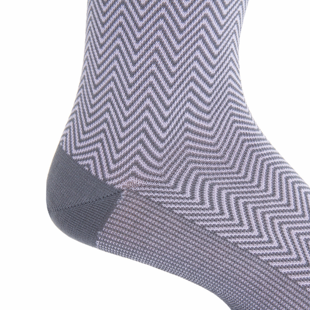 Steel Gray with Lavender Chevron Cotton Sock Linked Toe Mid-Calf