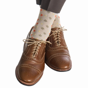 Tan with Tigerlily Orange and Yolk Dots in Diamonds Cotton Sock Linked Toe Mid-Calf