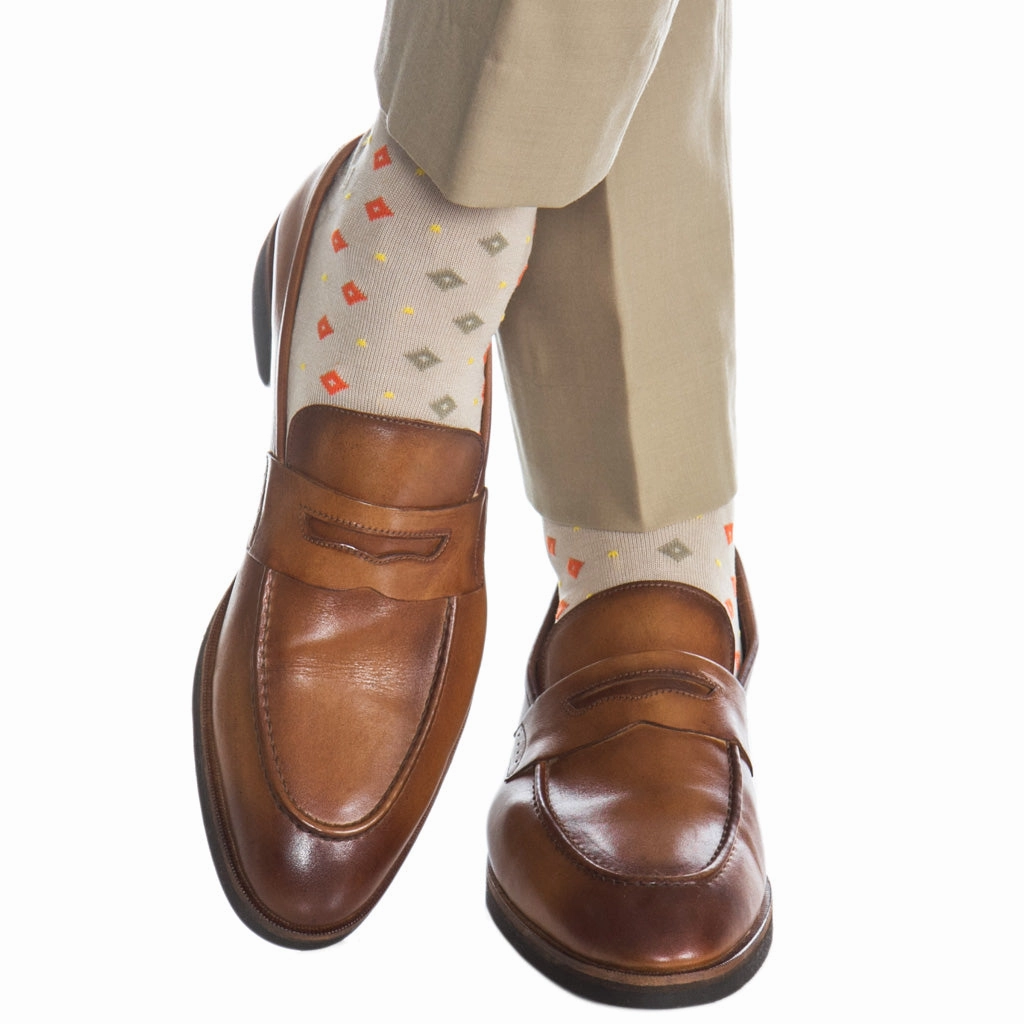 Tan with Tigerlily Orange and Yolk Dots in Diamonds Cotton Sock Linked Toe Mid-Calf