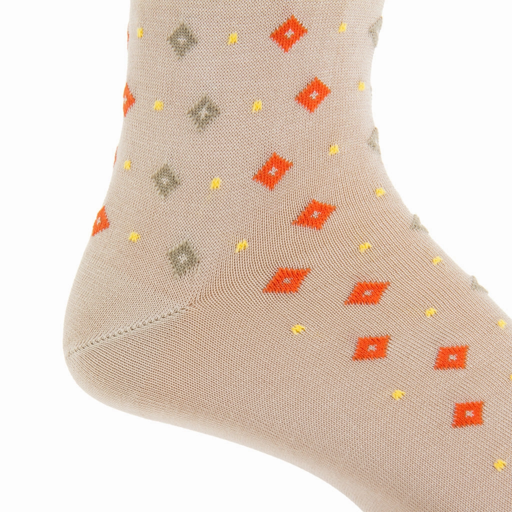 Tan with Tigerlily Orange and Yolk Dots in Diamonds Cotton Sock Linked Toe Mid-Calf