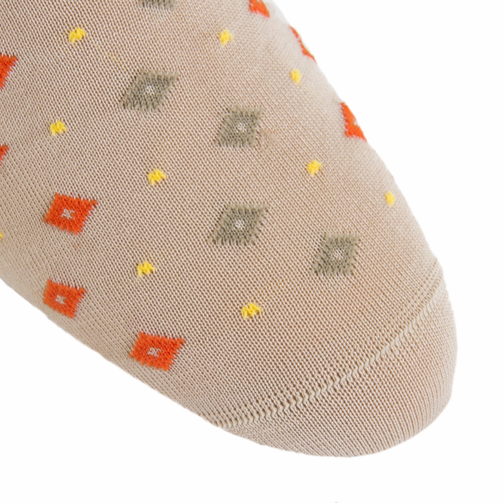 Tan with Tigerlily Orange and Yolk Dots in Diamonds Cotton Sock Linked Toe Mid-Calf