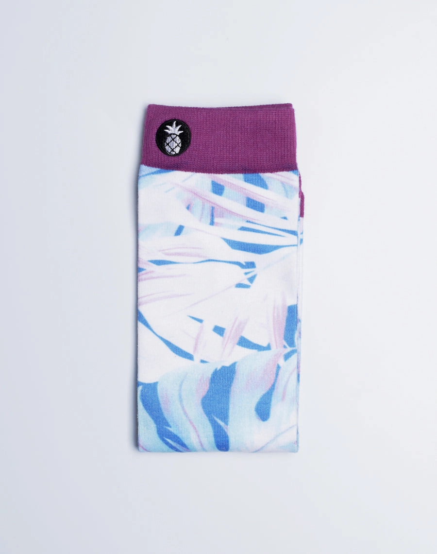 Unisex Neon Palm Leaves Tropical Printed White Crew Socks