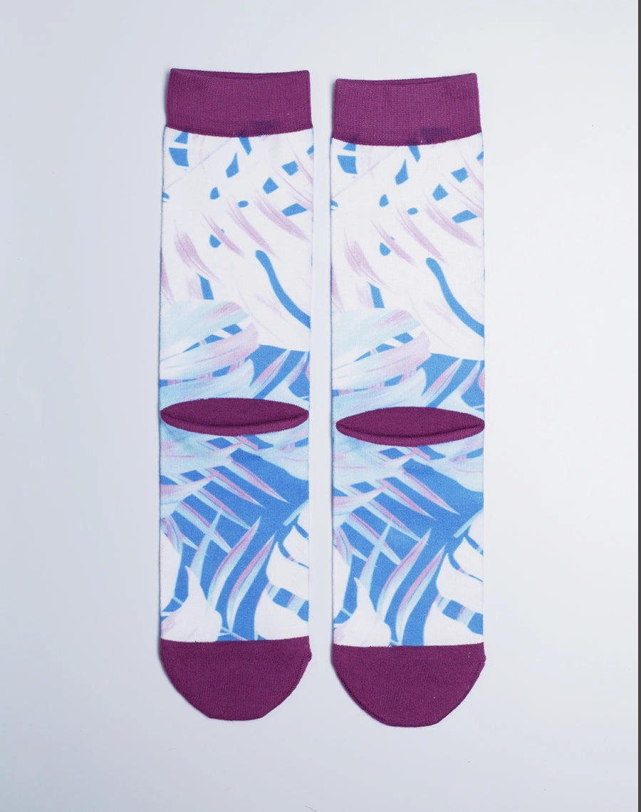 Unisex Neon Palm Leaves Tropical Printed White Crew Socks
